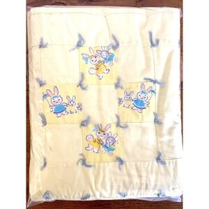 Vintage Bunny Baby Quilt Blanket Mommy Baby Carriage Yellow Cottage Farmhouse